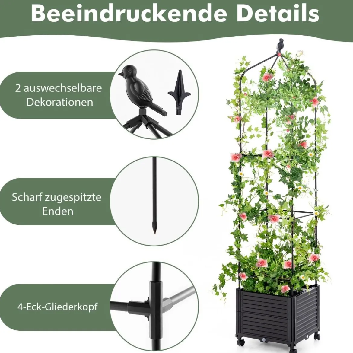 Rankhilfe mit Blumenkasten & Selbstbewässerung auf Rollen Garten Obelisk Tomatenturm