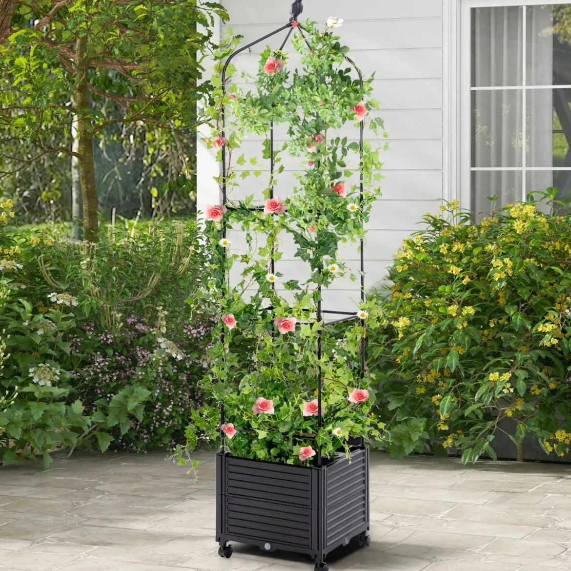 Rankhilfe mit Blumenkasten & Selbstbewässerung auf Rollen Garten Obelisk Tomatenturm