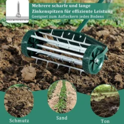 Rasenlüfter Walze Rasenrolle mit Stiel & 3cm Nägeln & Spritzschutz 46 x 23 x 127 cm Dunkelgrün und Silber