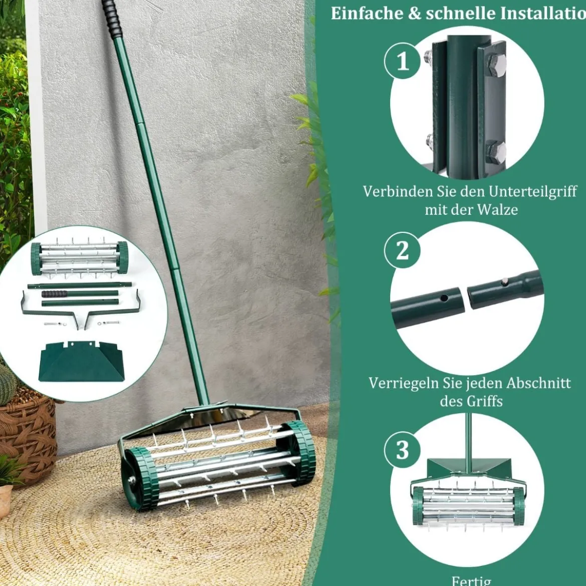Rasenlüfter Walze Rasenrolle mit Stiel & 3cm Nägeln & Spritzschutz 46 x 23 x 127 cm Dunkelgrün und Silber