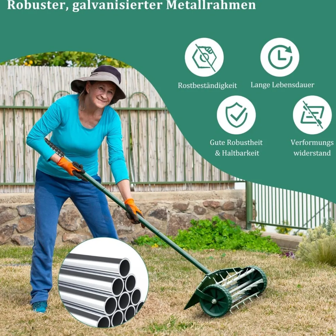 Rasenlüfter Walze Rasenrolle mit Stiel & 3cm Nägeln & Spritzschutz 46 x 23 x 127 cm Dunkelgrün und Silber