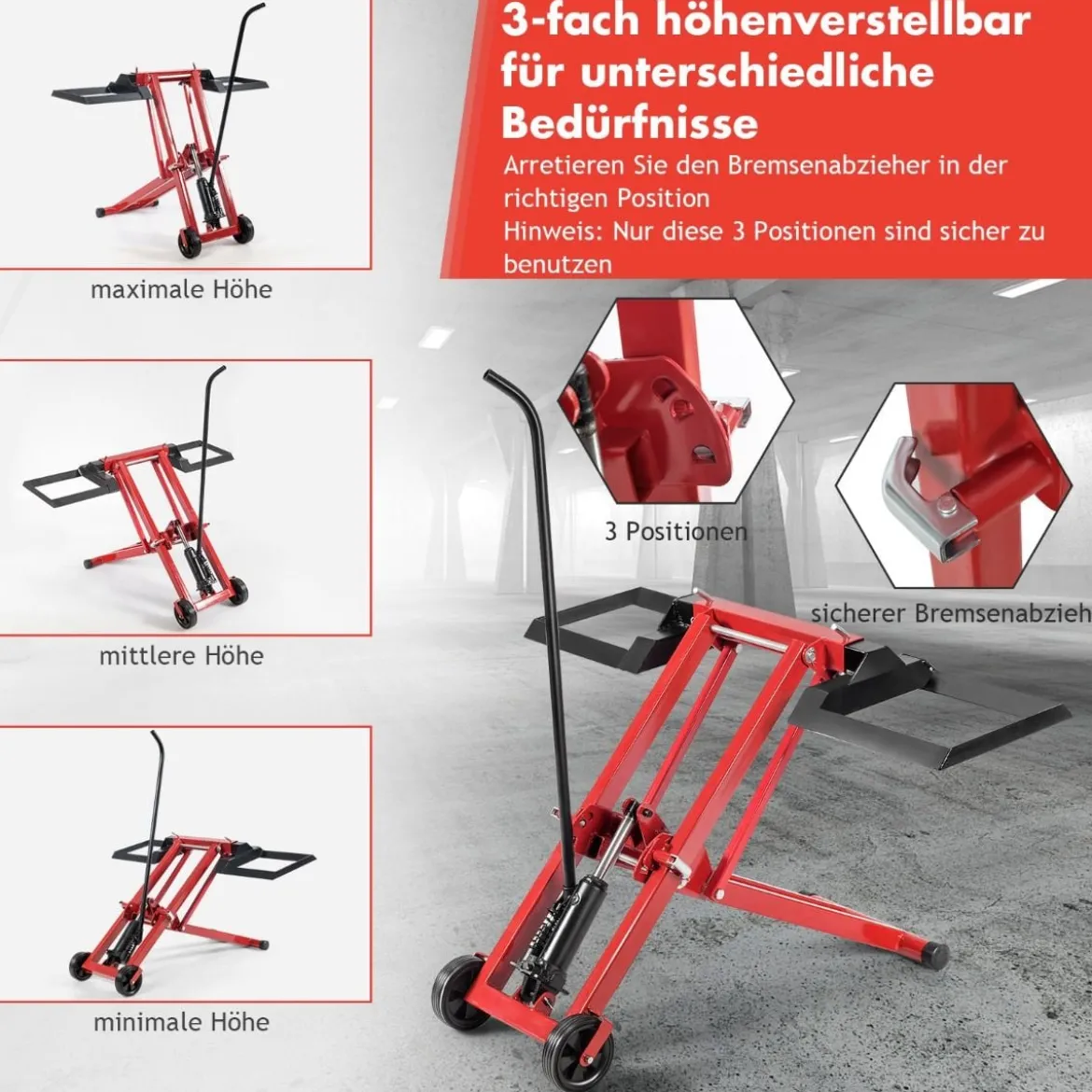 Rasentraktor Heber mit Tragfähigkeit von 225 kg Höhenverstellbare Hebevorrichtung Rot