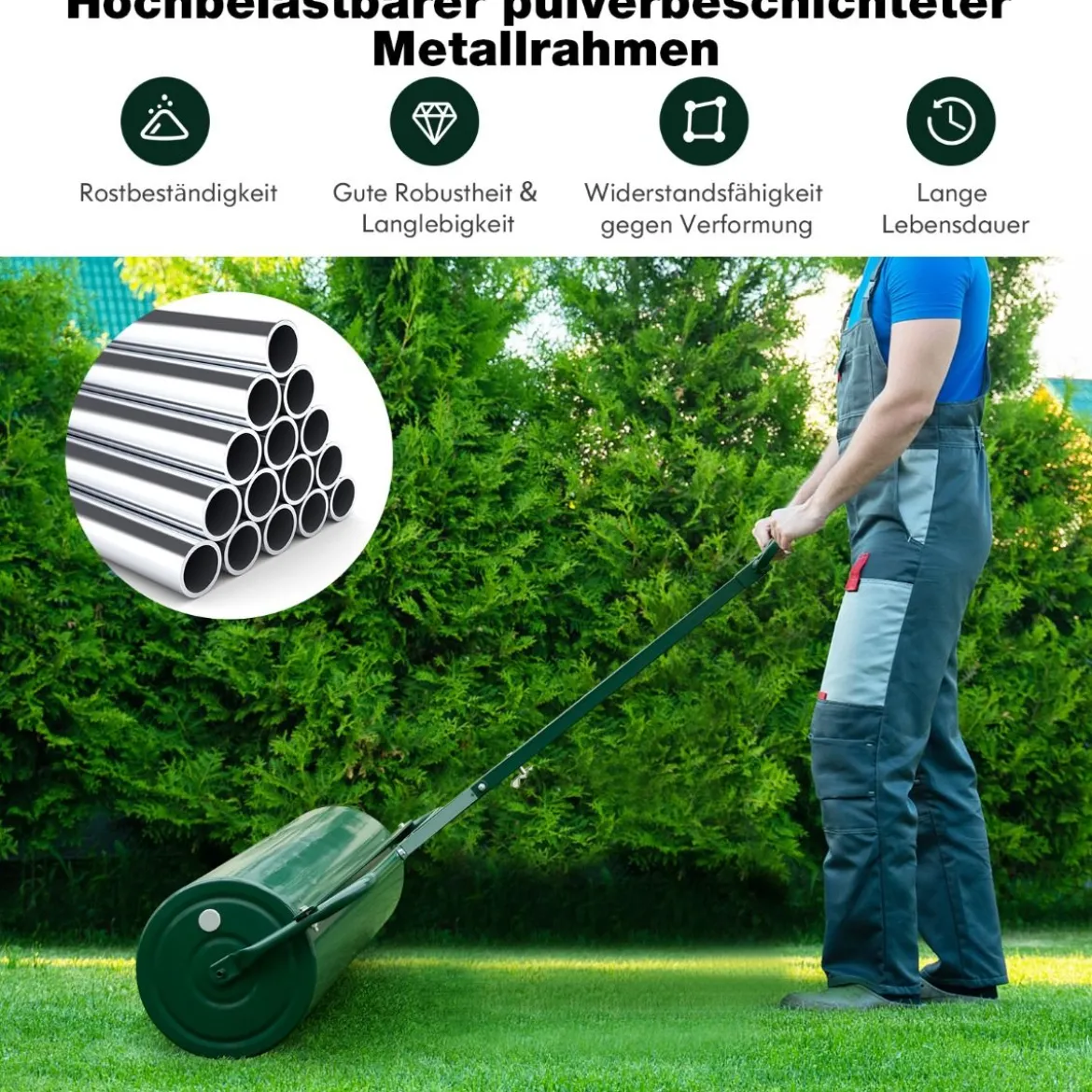 Rasenwalze aus Metall Graswalze zum Schieben oder Ziehen 99 x 30 x 137 cm Grün