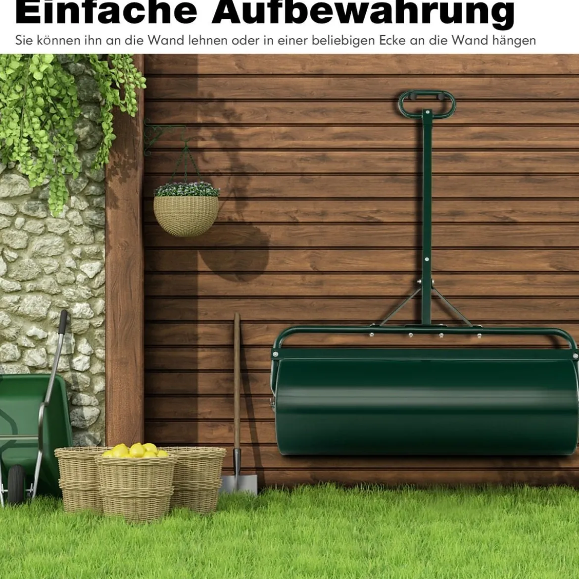 Rasenwalze aus Metall Graswalze zum Schieben oder Ziehen 99 x 30 x 137 cm Grün