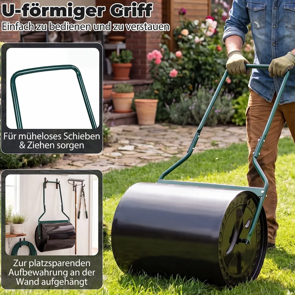 Rasenwalze aus Metall mit 60 L Füllvolumen & 50 cm Rollbreite Gartenwalze mit U-Griff 50 x 40 x 112 cm