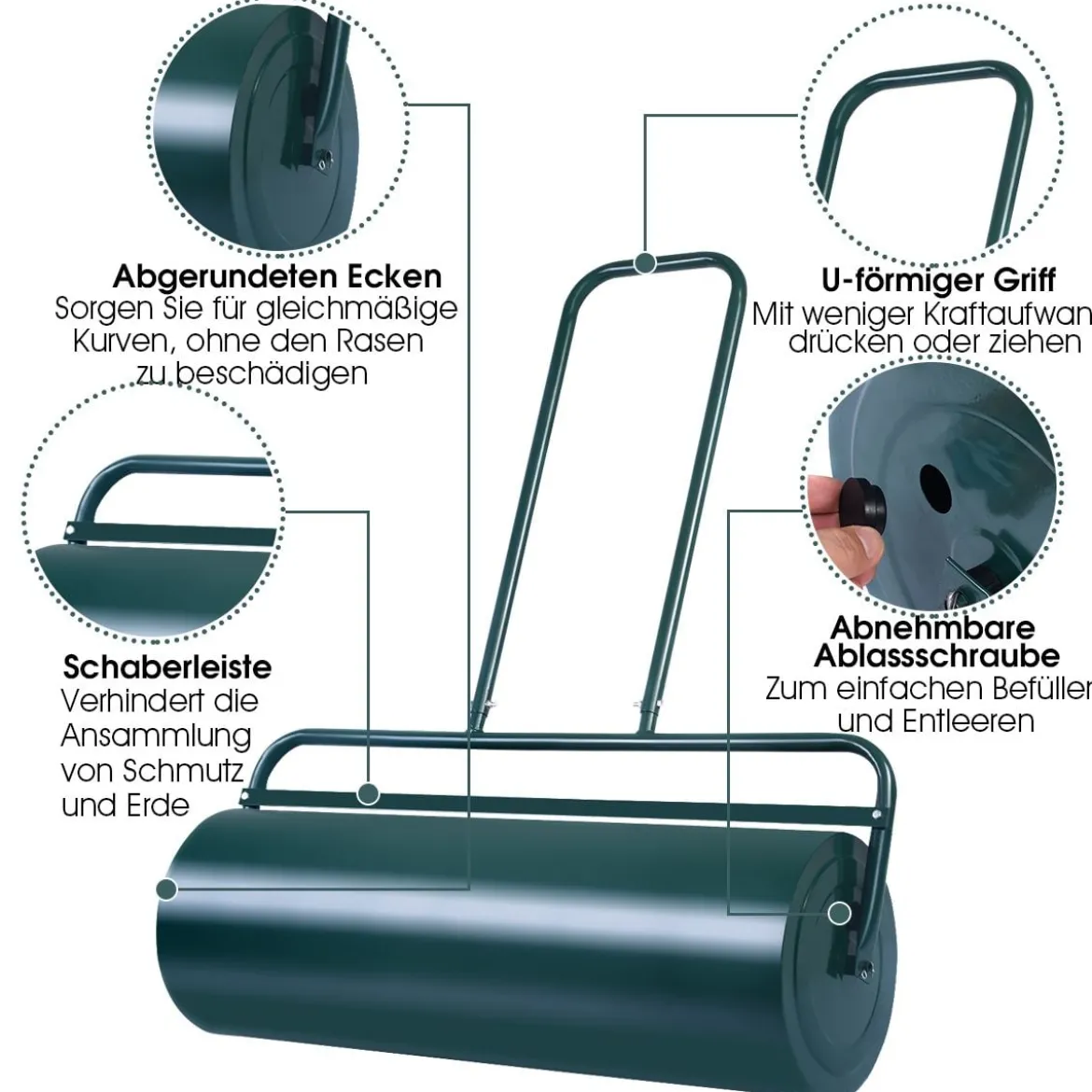 Rasenwalze 90cm Handwalze 63L Gartenwalze mit Schwerlasttrommel Rasenroller Grün