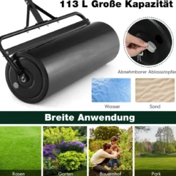 Rasenwalze Metall 113 L Handwalze mit Griff Gartenwalze Ø 40CM befüllbar mit Wasser/Sand Schwarz/Grün