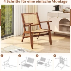 Rattan Akzentstuhl mit Ergonomischer Rückenlehne & Armlehne Bambus Esszimmerstuhl