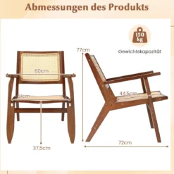 Rattan Akzentstuhl mit Ergonomischer Rückenlehne & Armlehne Bambus Esszimmerstuhl