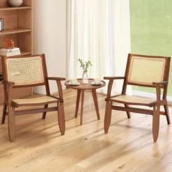 Rattan Akzentstuhl mit Ergonomischer Rückenlehne & Armlehne Bambus Esszimmerstuhl