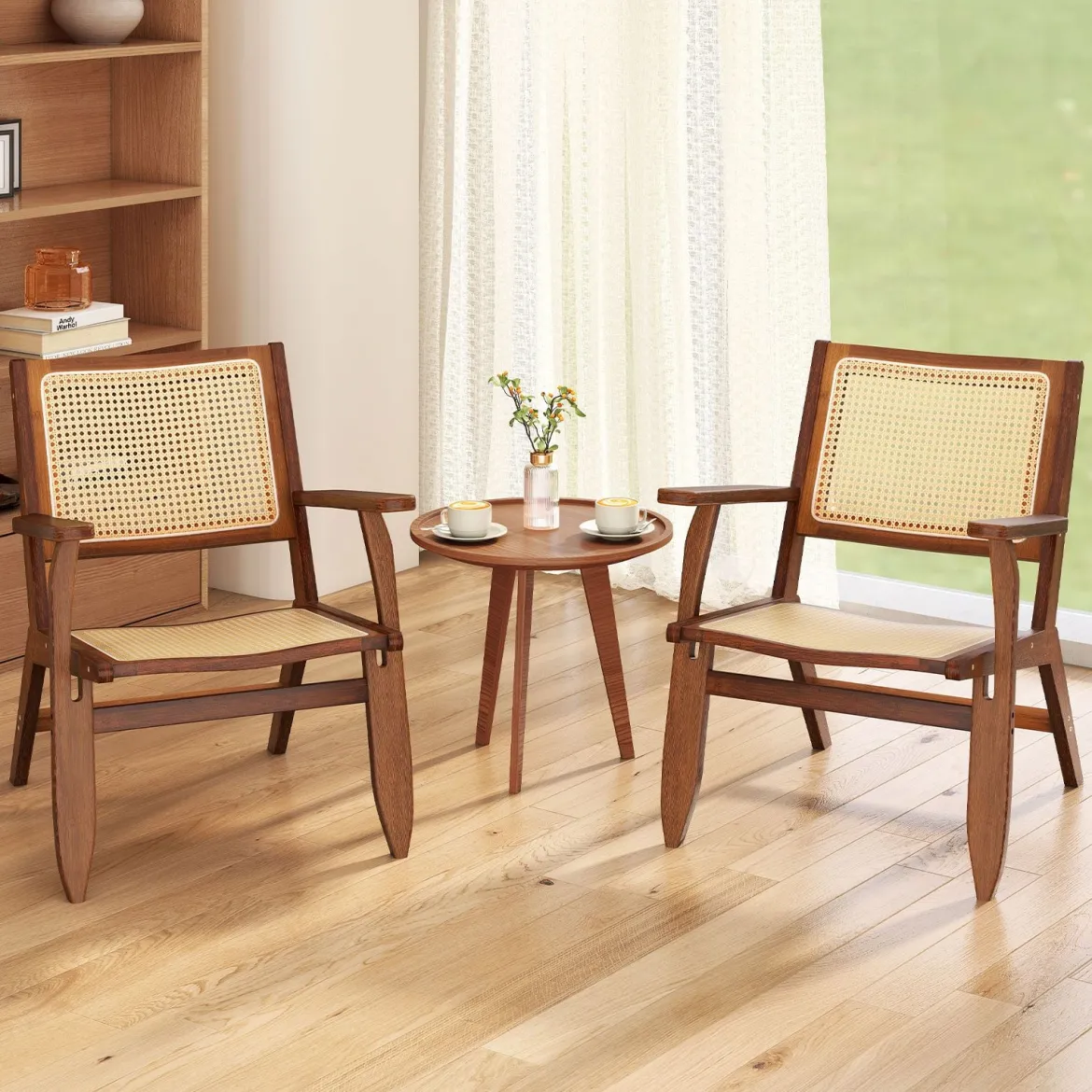 Rattan Akzentstuhl mit Ergonomischer Rückenlehne & Armlehne Bambus Esszimmerstuhl