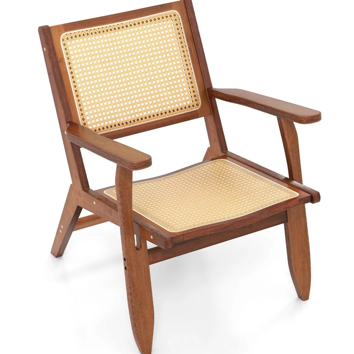 Rattan Akzentstuhl mit Ergonomischer Rückenlehne & Armlehne Bambus Esszimmerstuhl