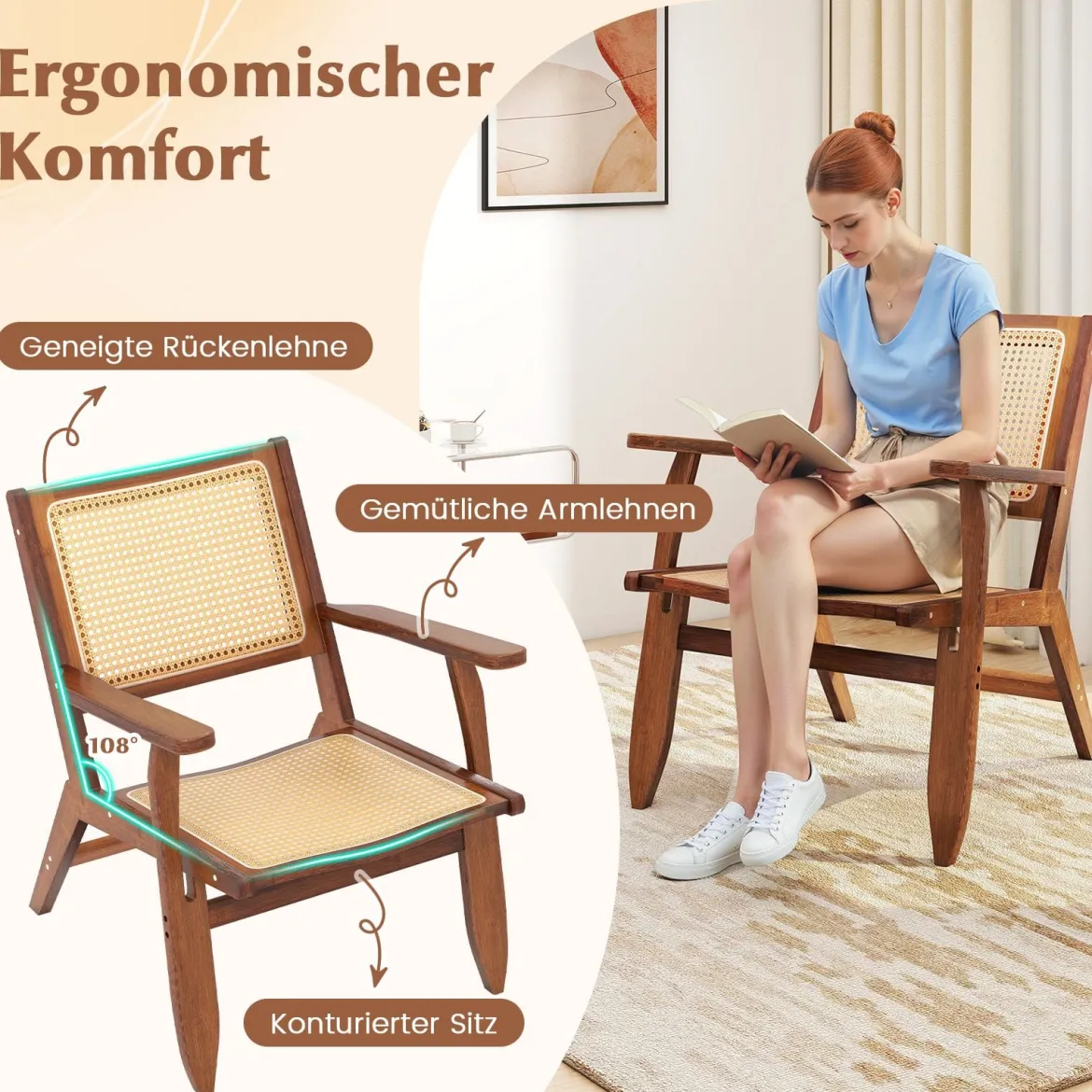Rattan Akzentstuhl mit Ergonomischer Rückenlehne & Armlehne Bambus Esszimmerstuhl