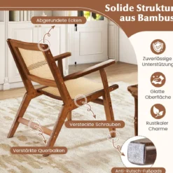 Rattan Akzentstuhl mit Ergonomischer Rückenlehne & Armlehne Bambus Esszimmerstuhl