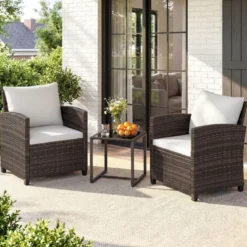 Rattan Balkonset inkl. 2 Stühle mit Kissen & Tisch aus Glas Outdoor Sitzgruppe Balkonmöbel Braun-Beige
