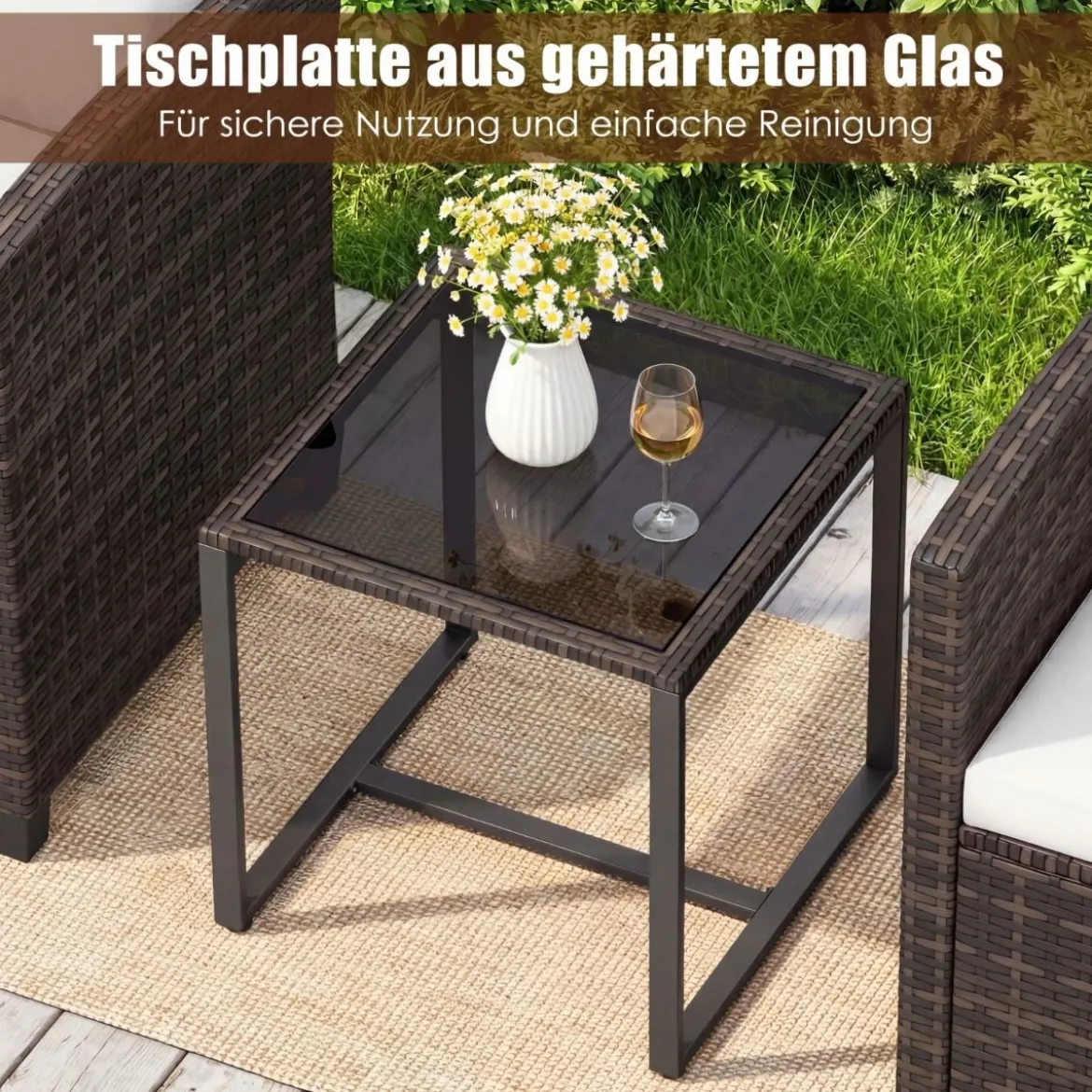 Rattan Balkonset inkl. 2 Stühle mit Kissen & Tisch aus Glas Outdoor Sitzgruppe Balkonmöbel Braun-Beige