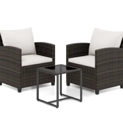 Rattan Balkonset inkl. 2 Stühle mit Kissen & Tisch aus Glas Outdoor Sitzgruppe Balkonmöbel Braun-Beige