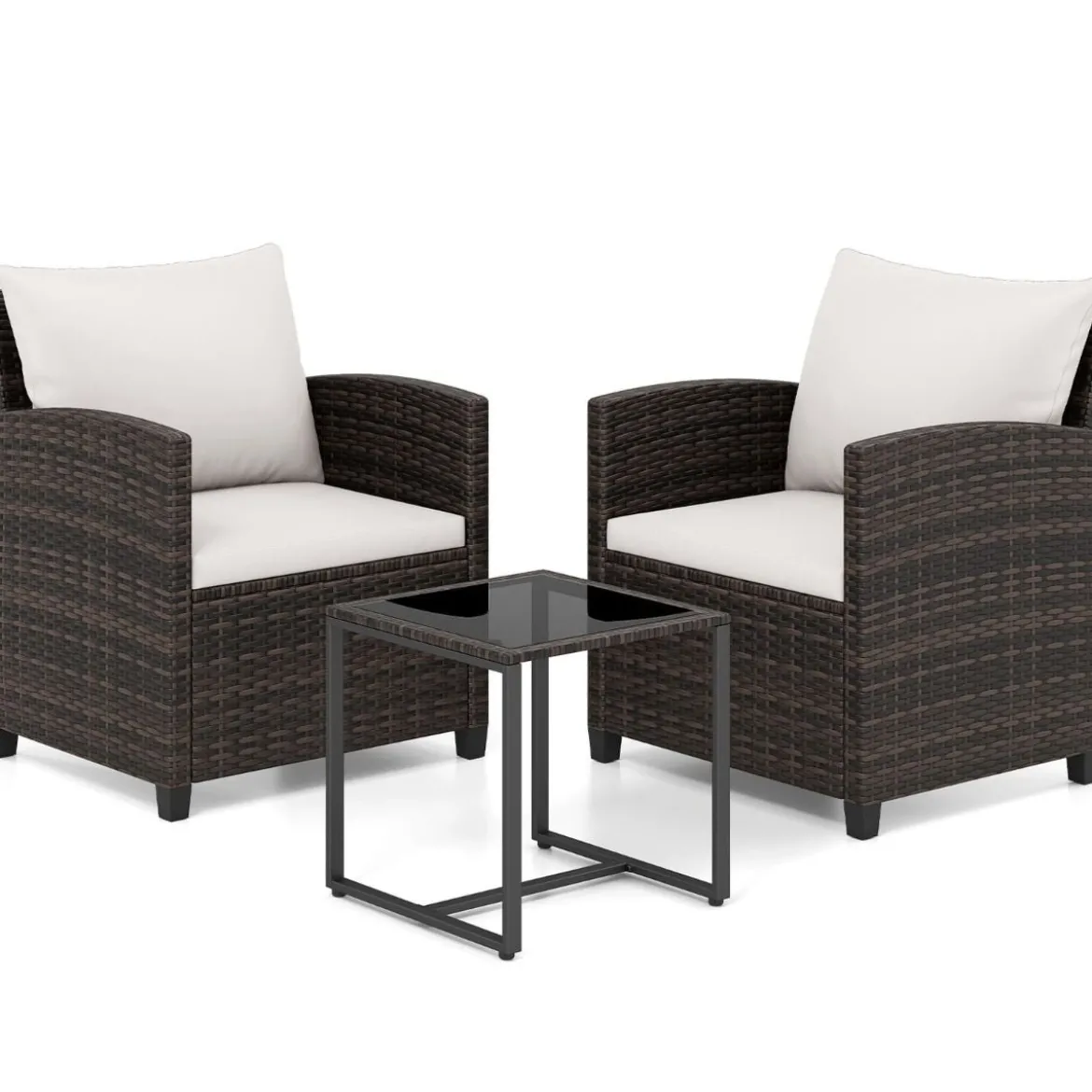 Rattan Balkonset inkl. 2 Stühle mit Kissen & Tisch aus Glas Outdoor Sitzgruppe Balkonmöbel Braun-Beige