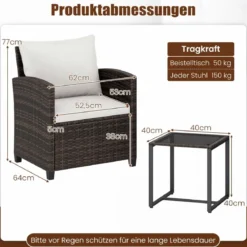 Rattan Balkonset inkl. 2 Stühle mit Kissen & Tisch aus Glas Outdoor Sitzgruppe Balkonmöbel Braun-Beige