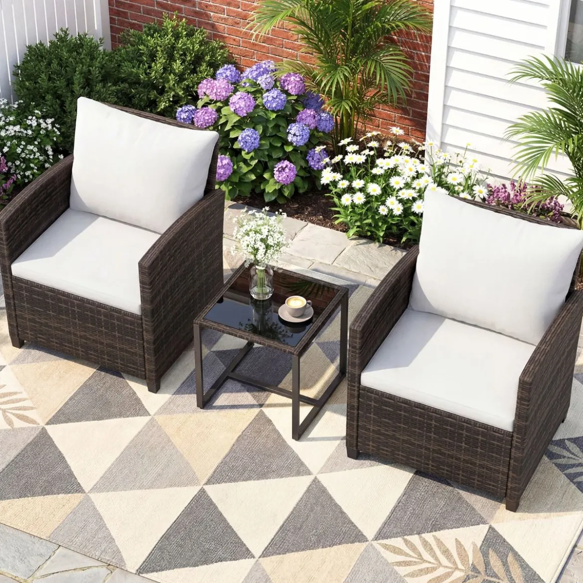 Rattan Balkonset inkl. 2 Stühle mit Kissen & Tisch aus Glas Outdoor Sitzgruppe Balkonmöbel Braun-Beige