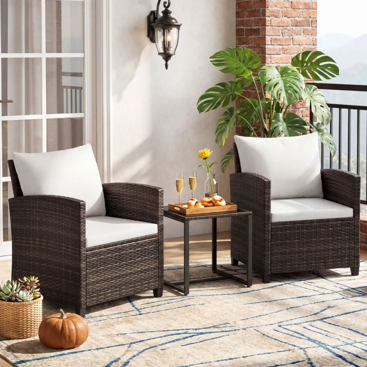 Rattan Balkonset inkl. 2 Stühle mit Kissen & Tisch aus Glas Outdoor Sitzgruppe Balkonmöbel Braun-Beige