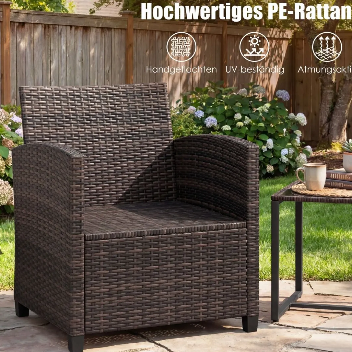 Rattan Balkonset inkl. 2 Stühle mit Kissen & Tisch aus Glas Outdoor Sitzgruppe Balkonmöbel Braun-Beige