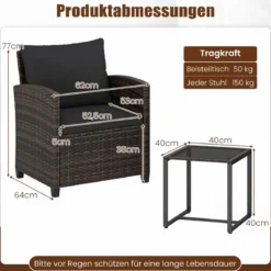 Rattan Balkonset inkl. 2 Stühle mit Kissen & Tisch aus Glas Outdoor Sitzgruppe Balkonmöbel Braun-Schwarz