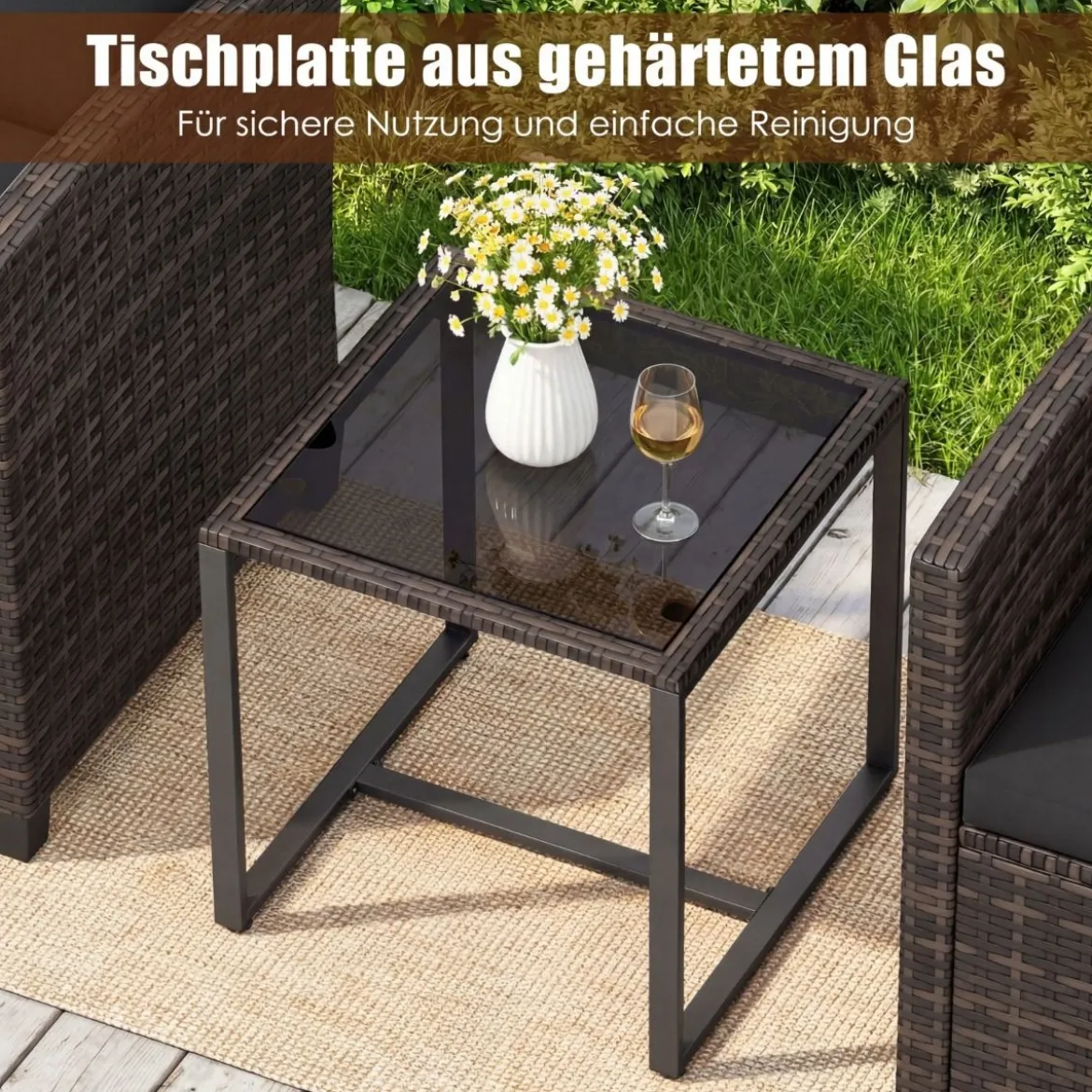 Rattan Balkonset inkl. 2 Stühle mit Kissen & Tisch aus Glas Outdoor Sitzgruppe Balkonmöbel Braun-Schwarz