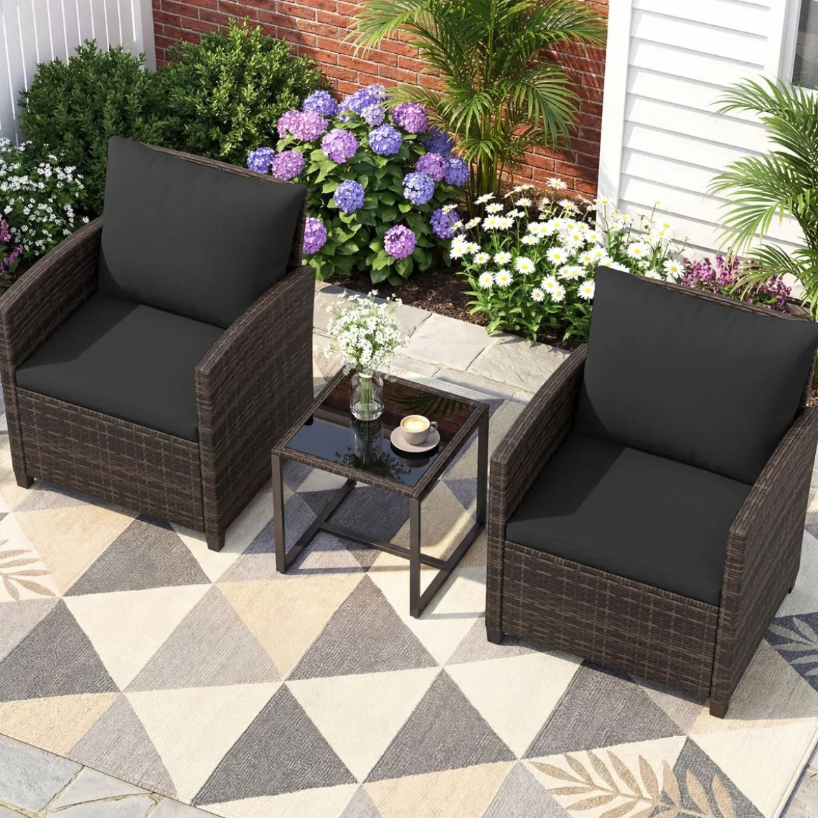 Rattan Balkonset inkl. 2 Stühle mit Kissen & Tisch aus Glas Outdoor Sitzgruppe Balkonmöbel Braun-Schwarz