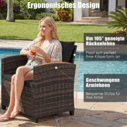 Rattan Balkonset inkl. 2 Stühle mit Kissen & Tisch aus Glas Outdoor Sitzgruppe Balkonmöbel Braun-Schwarz