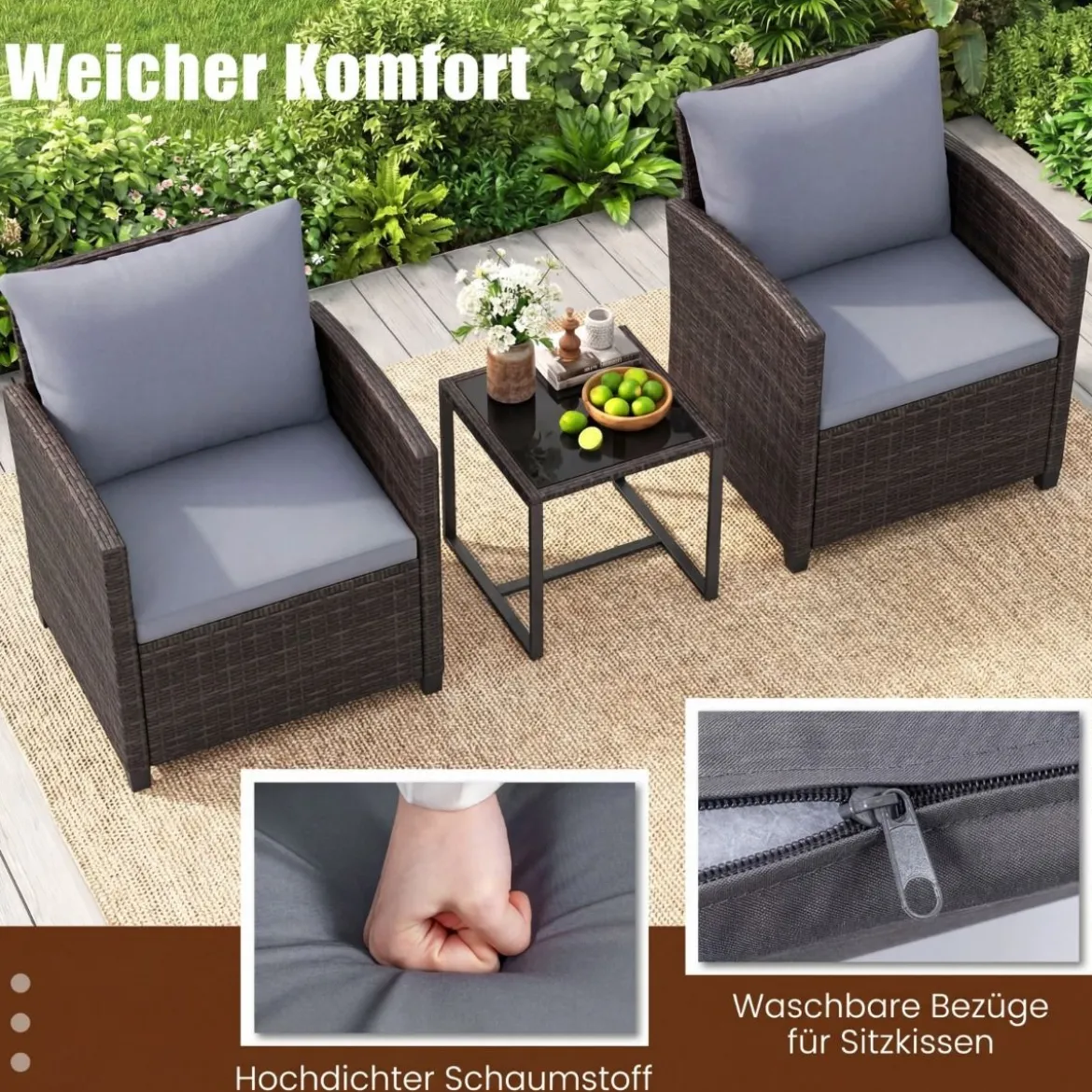Rattan Balkonset inkl. 2 Stühle mit Kissen & Tisch aus Glas Outdoor Sitzgruppe Balkonmöbel Braun-Grau