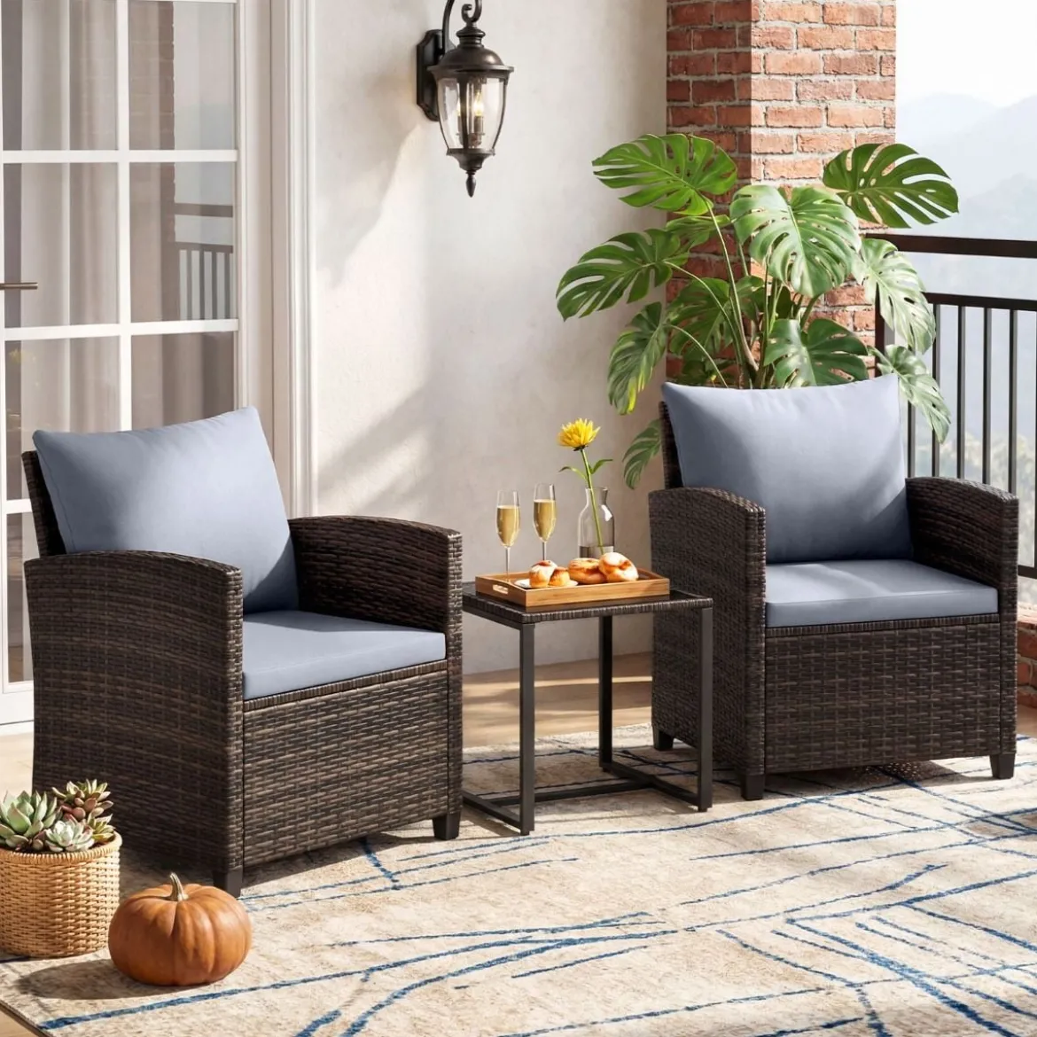 Rattan Balkonset inkl. 2 Stühle mit Kissen & Tisch aus Glas Outdoor Sitzgruppe Balkonmöbel Braun-Grau