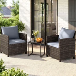 Rattan Balkonset inkl. 2 Stühle mit Kissen & Tisch aus Glas Outdoor Sitzgruppe Balkonmöbel Braun-Grau