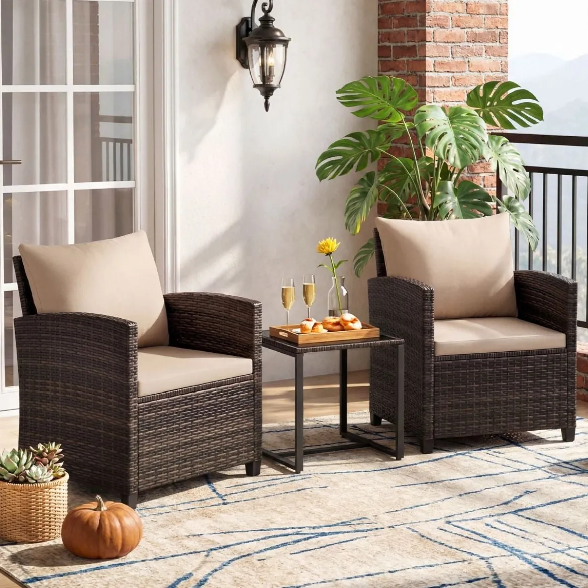 Rattan Balkonset inkl. 2 Stühle mit Kissen & Tisch aus Glas Outdoor Sitzgruppe Balkonmöbel Braun-Khaki