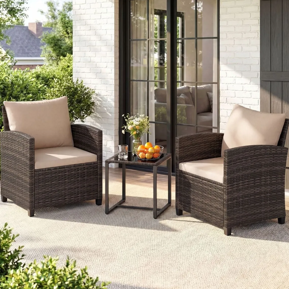 Rattan Balkonset inkl. 2 Stühle mit Kissen & Tisch aus Glas Outdoor Sitzgruppe Balkonmöbel Braun-Khaki