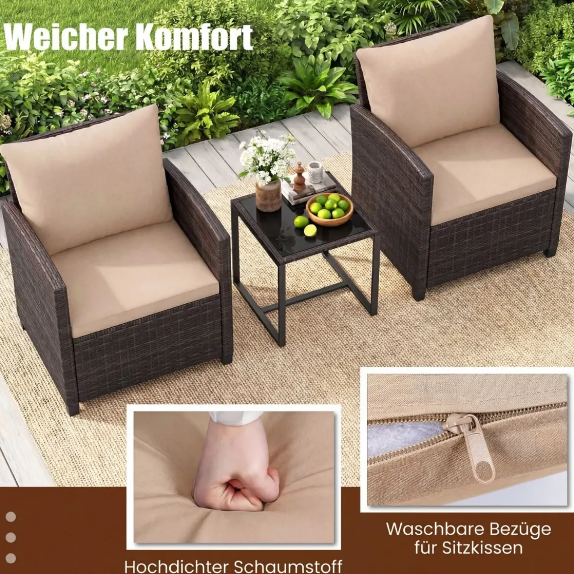 Rattan Balkonset inkl. 2 Stühle mit Kissen & Tisch aus Glas Outdoor Sitzgruppe Balkonmöbel Braun-Khaki