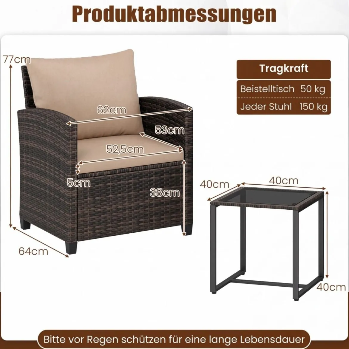 Rattan Balkonset inkl. 2 Stühle mit Kissen & Tisch aus Glas Outdoor Sitzgruppe Balkonmöbel Braun-Khaki