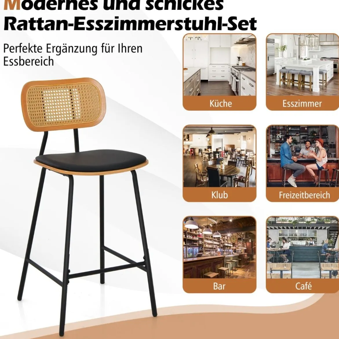 Rattan Barhocker-Set aus 2 Barhocker in Tresenhöhe mit Rattan-Rückenlehne Gepolsterte armlose Essstühle