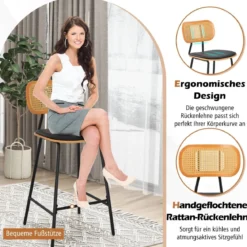 Rattan Barhocker-Set aus 2 Barhocker in Tresenhöhe mit Rattan-Rückenlehne Gepolsterte armlose Essstühle