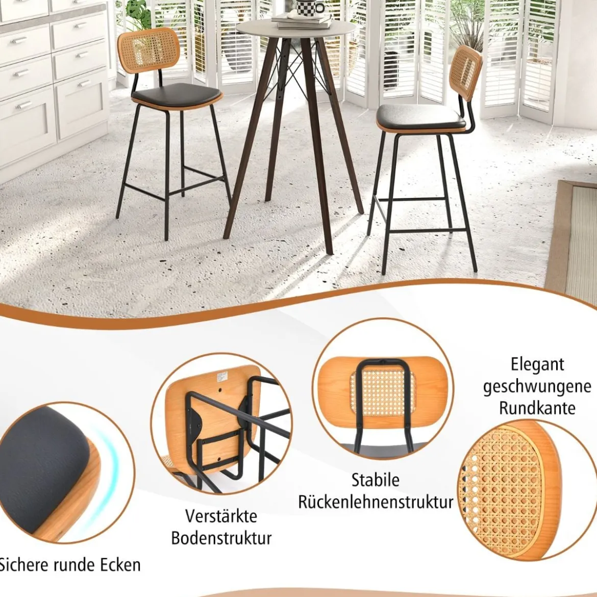 Rattan Barhocker-Set aus 2 Barhocker in Tresenhöhe mit Rattan-Rückenlehne Gepolsterte armlose Essstühle