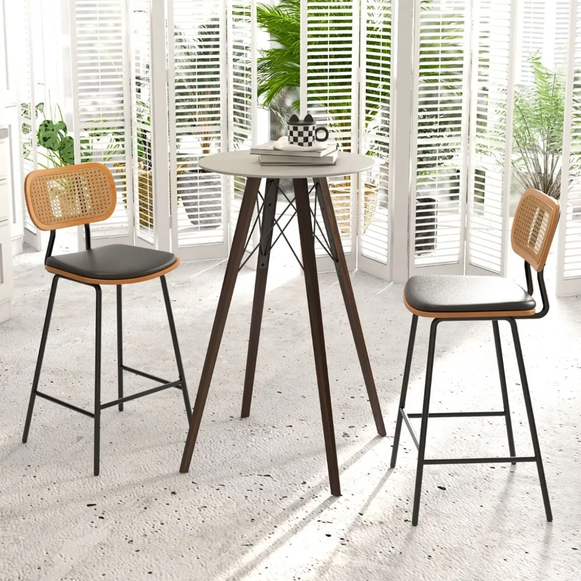 Rattan Barhocker-Set aus 2 Barhocker in Tresenhöhe mit Rattan-Rückenlehne Gepolsterte armlose Essstühle