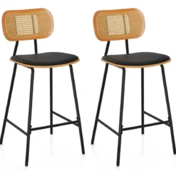 Rattan Barhocker-Set aus 2 Barhocker in Tresenhöhe mit Rattan-Rückenlehne Gepolsterte armlose Essstühle
