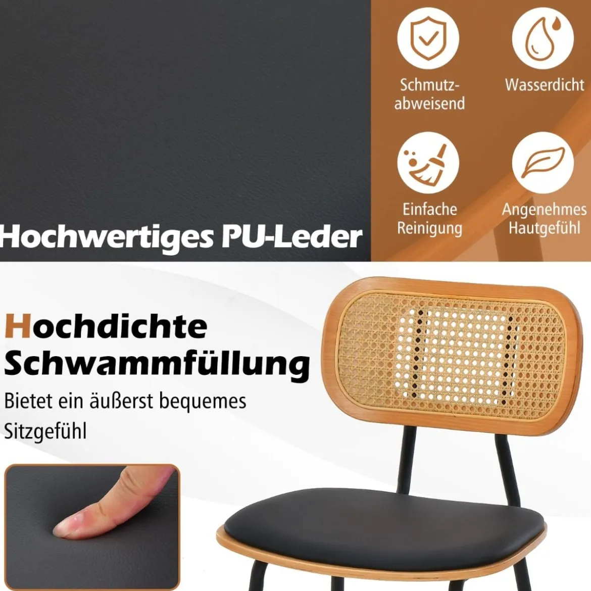 Rattan Barhocker-Set aus 2 Barhocker in Tresenhöhe mit Rattan-Rückenlehne Gepolsterte armlose Essstühle