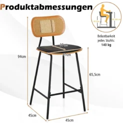Rattan Barhocker-Set aus 2 Barhocker in Tresenhöhe mit Rattan-Rückenlehne Gepolsterte armlose Essstühle