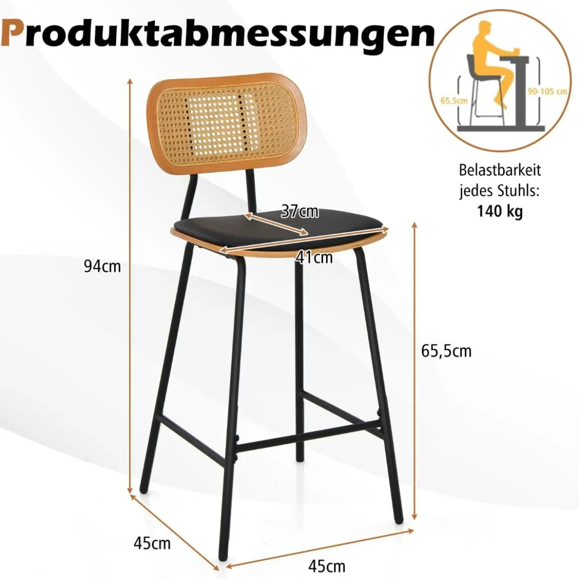 Rattan Barhocker-Set aus 2 Barhocker in Tresenhöhe mit Rattan-Rückenlehne Gepolsterte armlose Essstühle