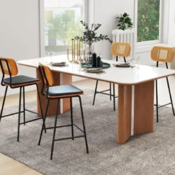 Rattan Barhocker-Set aus 2 Barhocker in Tresenhöhe mit Rattan-Rückenlehne Gepolsterte armlose Essstühle