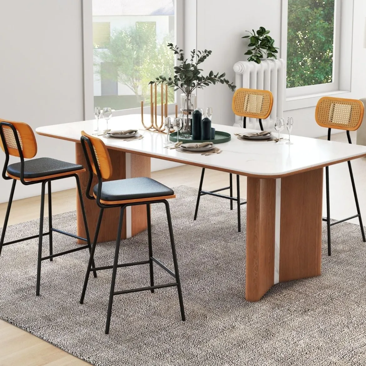 Rattan Barhocker-Set aus 2 Barhocker in Tresenhöhe mit Rattan-Rückenlehne Gepolsterte armlose Essstühle