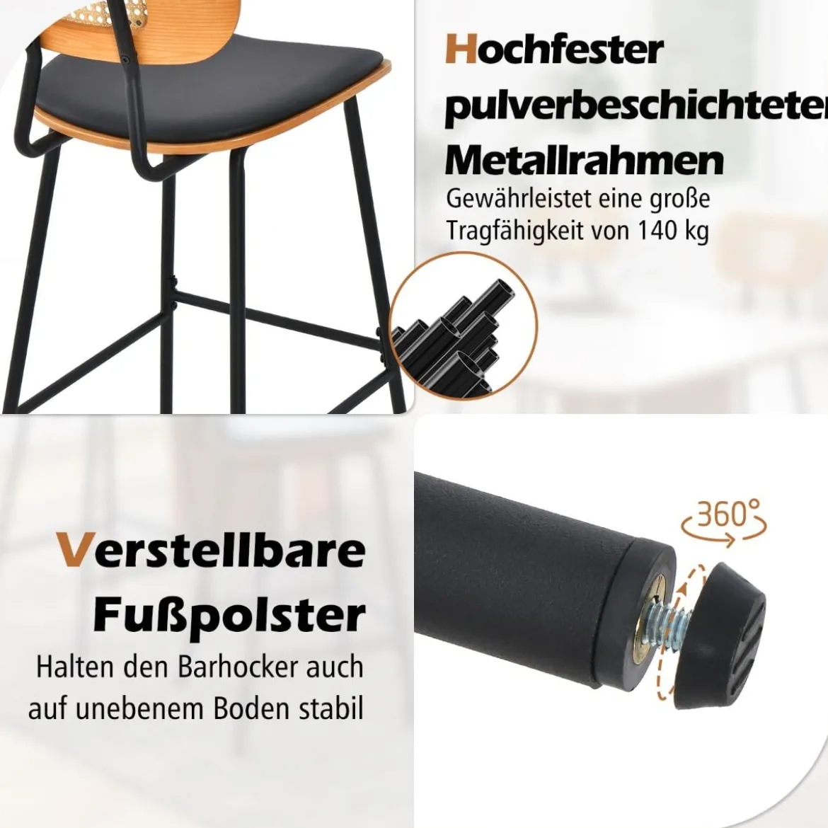 Rattan Barhocker-Set aus 2 Barhocker in Tresenhöhe mit Rattan-Rückenlehne Gepolsterte armlose Essstühle