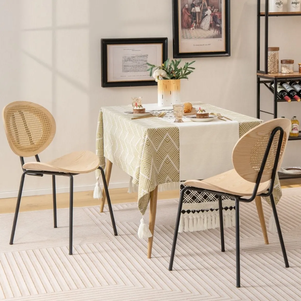 Rattan Esszimmerstuhl-Set 2er Set Boho Armlose Esszimmerstühle mit Metallbeinen atmungsaktiver Flechtcane-Rückenlehne