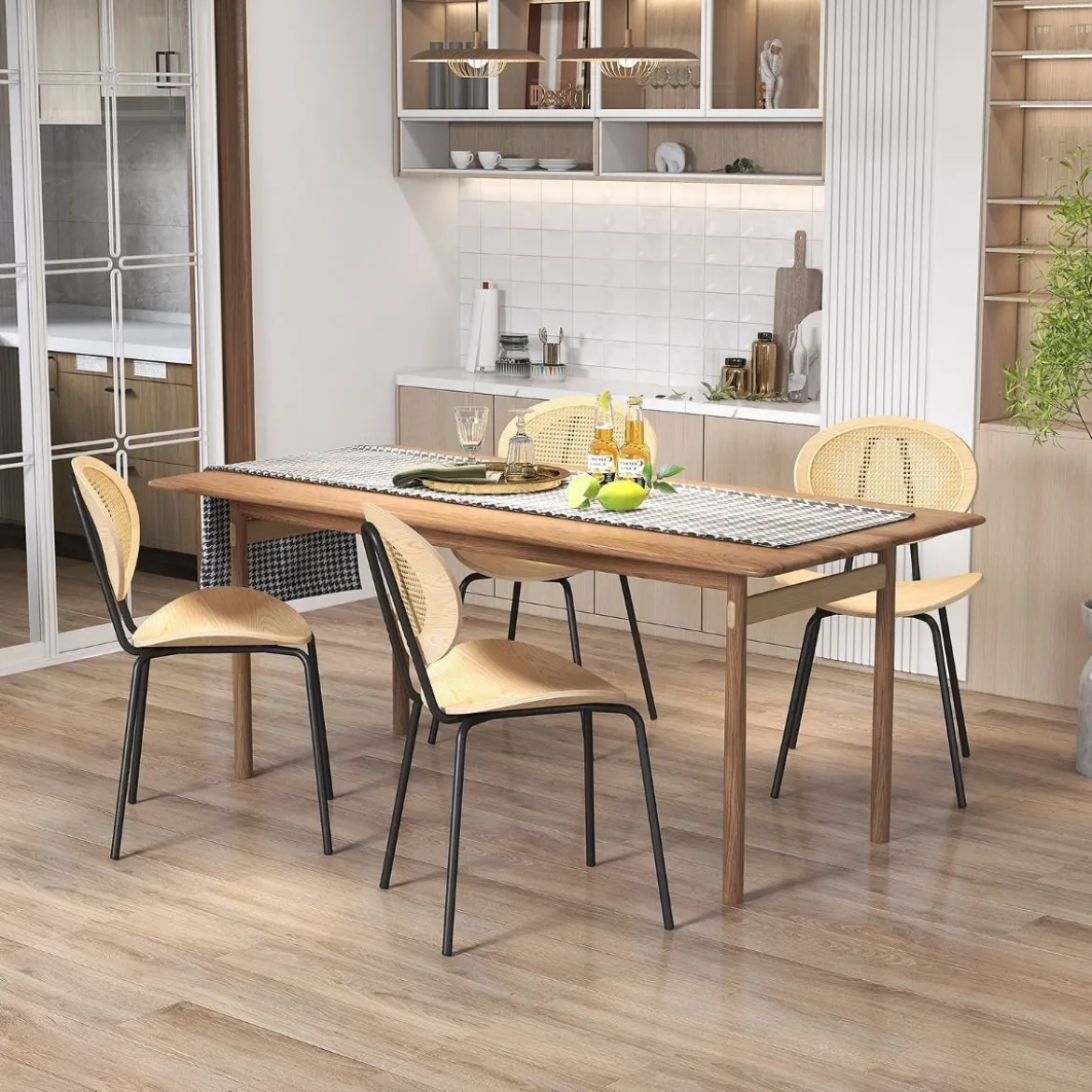 Rattan Esszimmerstuhl-Set 2er Set Boho Armlose Esszimmerstühle mit Metallbeinen atmungsaktiver Flechtcane-Rückenlehne